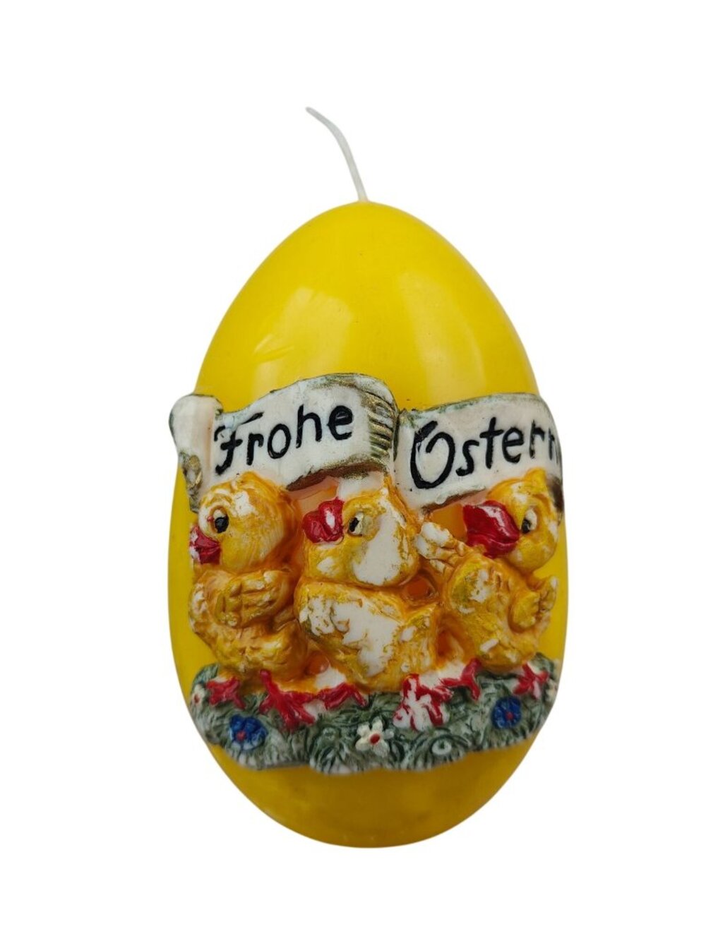 Vintage German Egg-Shaped Decorative Candle With "Frohe Ostern" & Chicks Yellow
